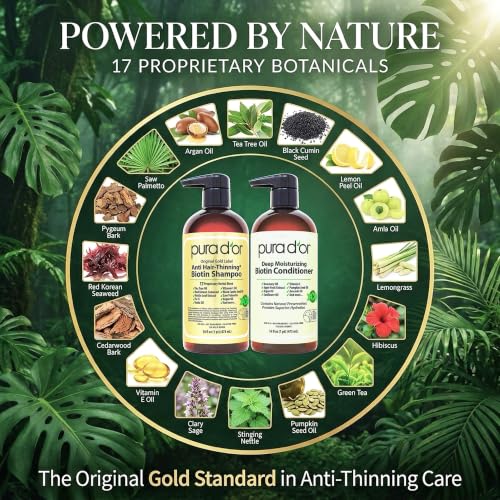 PURA D'OR Anti-Thinning Biotin Shampoo & Hair Regrowth Conditioner, CLINICALLY TESTED Effective Results, Thickening Herbal Blend For Women & Men, Original Gold Label Set, Natural Earthy Scent, 16oz x2