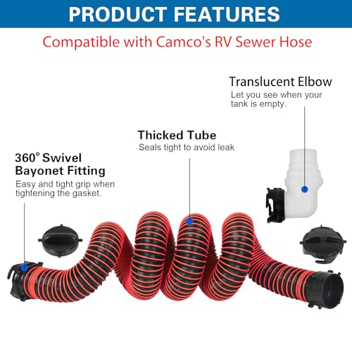 Image of 10FT RV Sewer Hose with Bayonet Fittings and 4-in-1 Adapter Elbow | EXTREME Heavy Duty 24 Mil, TPE Material, Abrasion Resistance and Crush Protection
