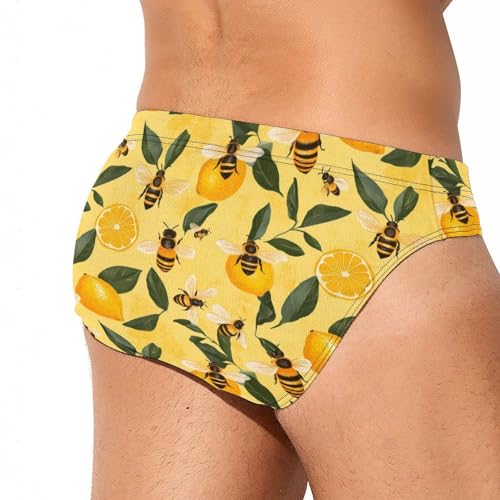 Yellow Lemon and Bee Printed Swim Briefs for Men Sexy Bikini Swimwear Elastic Beach Trunks Bathing Suit4