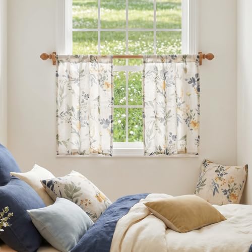 Image of MYSKY HOME Floral Kitchen Curtains 36 Inches Linen Tier Curtains 2 Panels | Farmhouse Blue Flower Patterned Small Window Treatments Airy Light Filtering Rod Pocket for Living Room Bathroom, Each 26 inch W