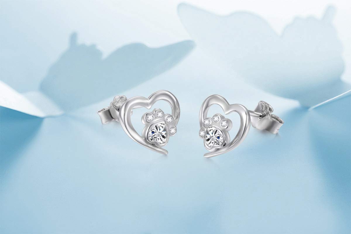 S925 Sterling Silber Ohrstecker mit Pfotenabdruck, Katze, Welpe, Herz, Geburtstagsgeschenk für Frauen, Teenager, Mädchen, Tierliebhaber