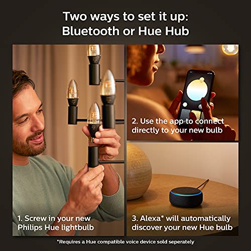 Philips Hue White Dimmable Smart Filament Candle, 2100K Led Vintage Edison Bulb, Bluetooth & Hub Compatible (Hue Hub Optional), Voice Activated With Alexa, 4-Pack #TOP4