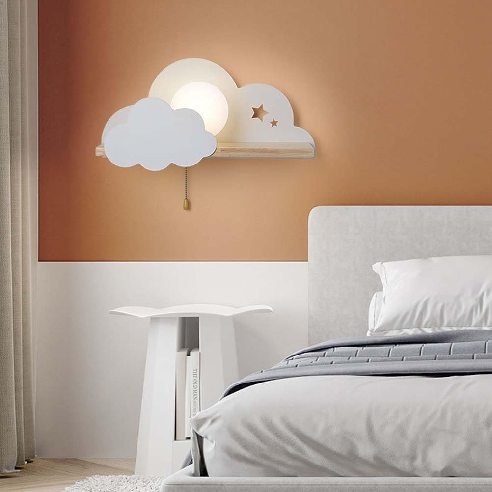 Lampa ścienna Cloud z przełącznikiem, Wewnętrzna lampa ścienna do pokoju dziecięcego Lampka nocna E27 ze szklanym kloszem Kreatywna karykaturalna chmura z drewnianą półką lampa dekoracyjna
