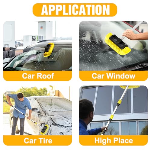 LAANPOLE 12FT Car Wash Brush with Long Handle, Car Cleaning Brush with 12 Inch Soft Bristle and Soap Dispenser, Solar Panels Cleaner with Telescoping Pole for RV, Truck, Boat, House Siding, Yellow - Thumbnail 3