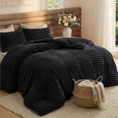 Image of Bedsure King Fluffy Comforter Set - GentleSoft 3 Pieces Luxury Fleece Black Bedding, Cozy Room Decor Aesthetic, 1 King Bed Comforter (104 inchx90 inch) and 2 Pillowcases (20 inchx36 inch)