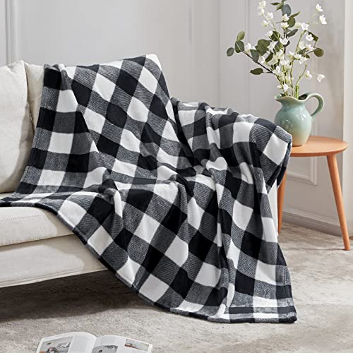 Touchat Fleece Throw Blankets, Buffalo Plaid Throw Blanket for Couch Sofa Bed, Soft Warm Fuzzy Cozy Plush Checkered Blanket, Lightweight Farmhouse Decor(Black and White Plaid, 50“ x60”)