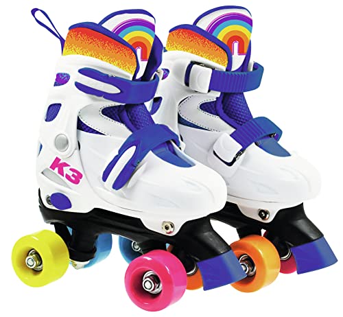 K3 MEK3B2000020 - Patinaje sobre Ruedas - Arco Iris - Ajustable en 4 tamaños - Talla 30-33 - con tapón,Blanco, Arco Iris