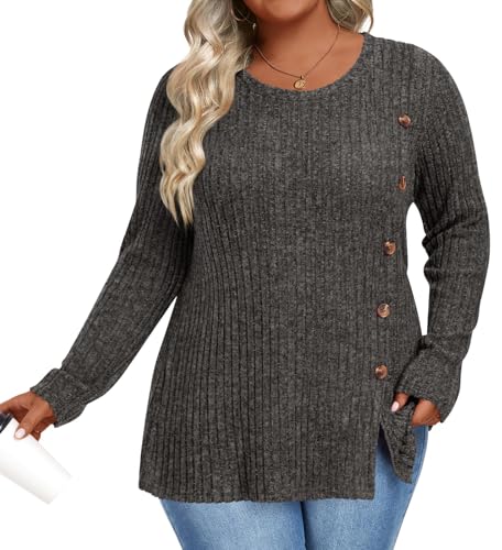 Image of HOTGIFT Womens Plus Size Sweater Tops Long Sleeve Crewneck Casual Tunic Shirts Buttons XL-5XL Blouse Soft Comfy Fashion
