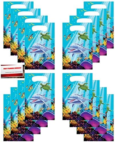 Ocean Dolphin Beach Sea Sand Party (16 Pack) Plastic Loot Treat Candy Favor Bags (Plus Party Planning Checklist by Mikes Super Store)