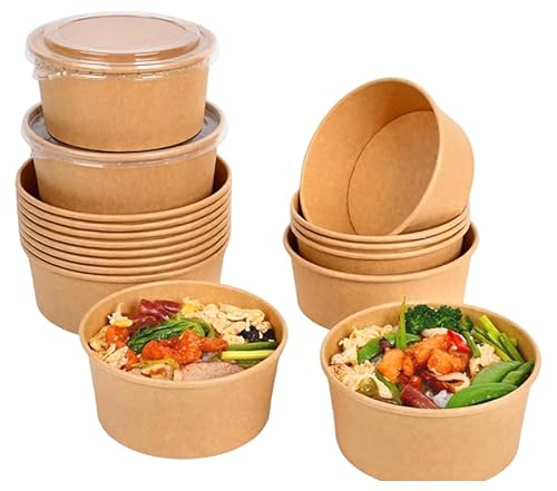 使い捨て 弁当箱 ペーパーボウル 50個 クラフト紙ボウル 包装箱食品グレード 業務用 bbq 環境にやさしい 分解性 テイクアウトサラダボッ ラウンド 蓋付き 電子レンジ対応 (1100ml 50セット)