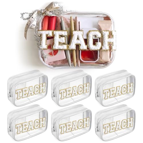 Tallew 6 Pcs Back to School Teacher Appreciation Gifts Clear Makeup Bag TEACH Chenille Letter with Ribbon Crinkle Paper Patches Cosmetic Zipper Pouch PVC Organizer Thank You Gifts Bag for Teachers