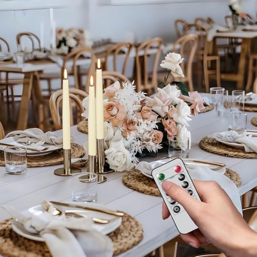Image of Real Wax Flameless Taper Candles, LED Taper Candles Battery Operated with Rmote, Ivory Flameless Battery Candlesticks with 3D Flame for Spring Wedding Home Decor(0.78 inchx9.84 inch)