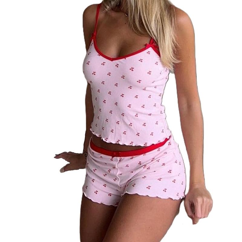 Image of Womens Y2K Cute Print Cami Pajama Sets Lace Trim V Neck Tank Top Shorts Set Bow Heart Print 2 Piece Sleepwear