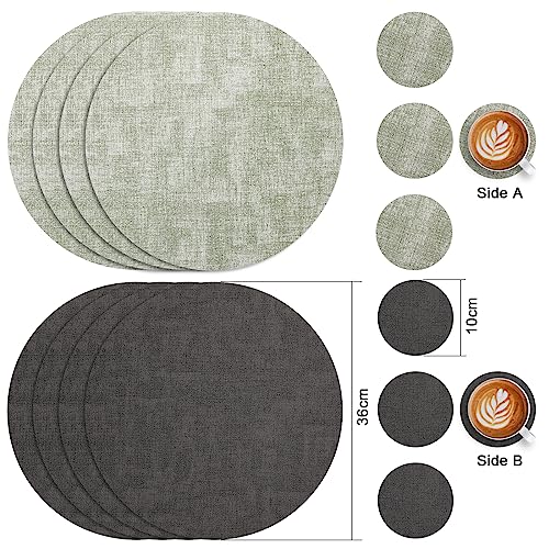 Myir JUN Leather Placemats and Coaster Set of 6, Table Mats Round Waterproof Dual Sided Kitchen Place Mats Coffee Mats Heat Resistant Placemat Non-Slip Washable (set of 6, Grey Green) - Image 2