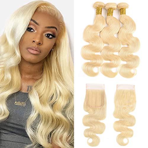 Goldfinch Hair 613 Blonde Bundles with Closure Body Wave Platinum Blonde Human Hair 3 Bundles with Lace Closure Brazilian Blonde Virgin Hair 14 16 18 with 12