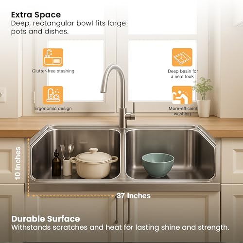 Image of Ruhe Handmade Double Bowl Kitchen Sink - 37x18x10 inches | 304-Grade Stainless Steel Sink | Brushed Matte Finish | Including Couplings, Waste Pipe, Sink Connector & Vegetable Washing Basket