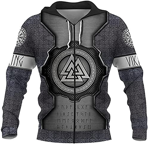Viking Tattoo Odin Hoodie, Men's Retro Loose Casual Jacket Pullover, Autumn Fashion Baseball Uniform Kangaroo Pocket, 3D Graffiti Jacket (Color : Valknut Zip, Size : Large)