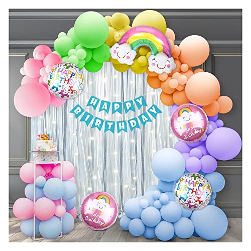 SpecialYou.in 59 Pcs Pastel Rainbow Net Fabric Backdrop Happy Birthday Decoration Diy Combo Set With Balloon Garland Arch Tape, Fairy Led Lights (40Ft Long) For Boys, Girls, Kids 6 Month, 1St Bday.