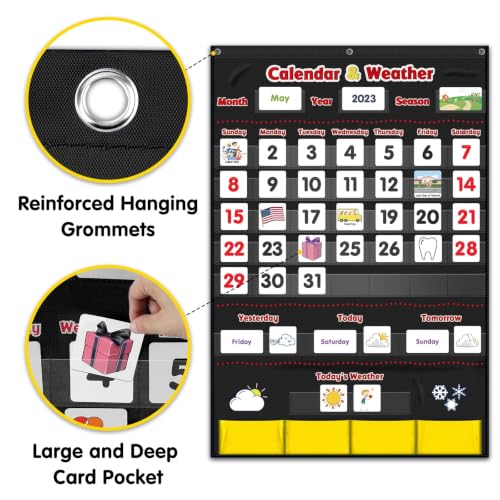 Image of Calendar and Weather Pocket Chart, Classroom Organized Chart, 149 Pieces (Black)