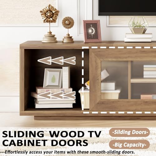 HSH 70 inch TV Stand for 75\" TV,Entertainment Center for Living Room Under TV Storage Cabinet,Modern TV Media Console Wood with Sliding Doors for Bedroom,Rustic Oak