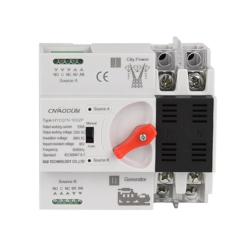 CNAODUN Automatic Transfer Switch ATS 2P 100A 230V Dual Power Electrical Selector Switch Din Rail Type Millisecond Switching
