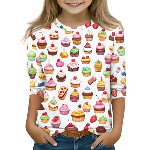 Girls' T-Shirts Cute Print 3/4 Sleeve Crewneck Soft Summer Casual Graphic Tops Ages 5-12 Years