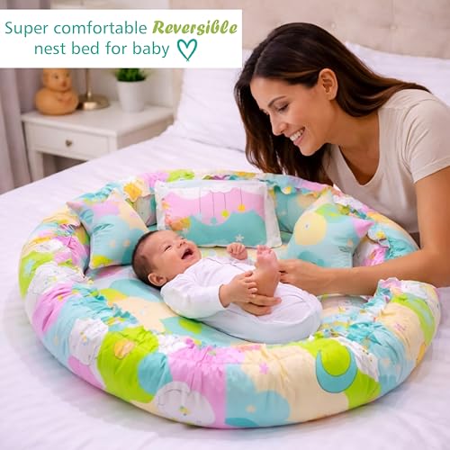 Image of Fareto Combo of Baby Nest | Net with Bed | Carry Bag | 4 Pcs Bedding Set(0-6 Months) (Fullset Nest) (New Pista Green)