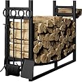 AMAGABELI GARDEN & HOME 30.7in Large Firewood Rack With Fireplace Tools Set Wrought Iron Indoor Outdoor Kindling Log Holder Heavy Duty Wide Wood Storage Log Rack Accessories Shovel Poker Tongs Broom