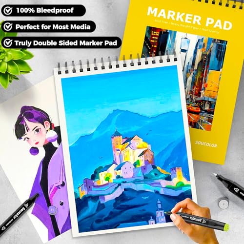 Image of Soucolor Marker Paper Sketchbook,Bleedproof Maker Paper 9 inchx12 inch | Professional Bleedproof Marker Pad for Alcohol Markers 100 Sheets 73lb /120gsm Thick No-Penetration Drawing Paper