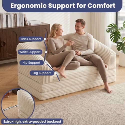 Image of JUIKURY Convertible Sofa Bed, 3-in-1 Foldable Loveseat Couch with Armrest, Corduroy Floor Sofa & Sleeper Bed, No Assembly High-Density Foam Futon Mattress for Living Room, Small Apartment, Dorm