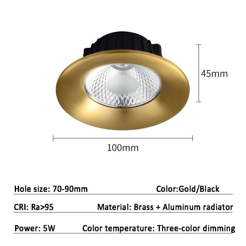 Oświetlenie wpuszczane LED, ściemnialne, lampa sufitowa LED 5 W/7 W, 3 temperatury barwowe w jednym, CRI95, listwa maskująca z szczotkowanego mosiądzu, lampa sufitowa LED,B-7W