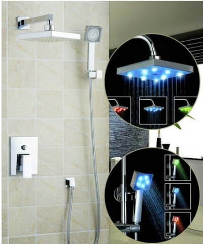 Double douche ensemble de robinet de chrome avec ciel pluie LED