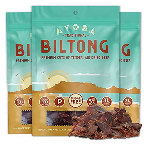 Ayoba Traditional Grass Fed Beef Biltong Slices (2 Ounce, Pack of 3) - Keto Friendly Air-Dried Grass Fed Beef Paleo Snacks - Gluten Free, Whole 30 Approved, Sugar free, No Carb Meat Snacks