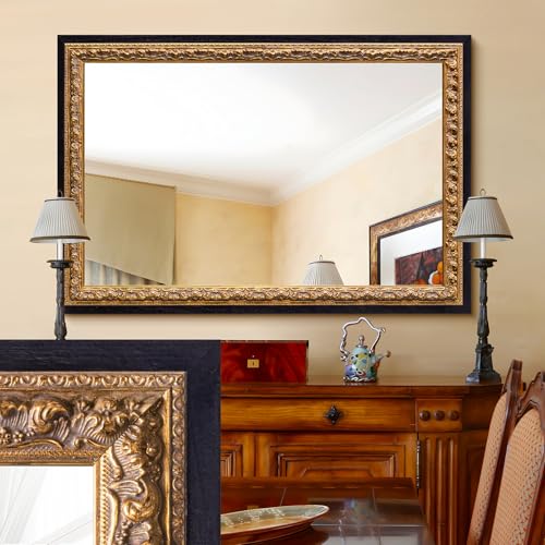 Autdot Vintage Gold Mirror 36”x24”, Black Decorative Mirror for Vanity with Gold Foil Carvings Solid Wooden Frame, Antique Handmade Aging, for Luxe Living Room, Entryway, Bathroom and Bedroom