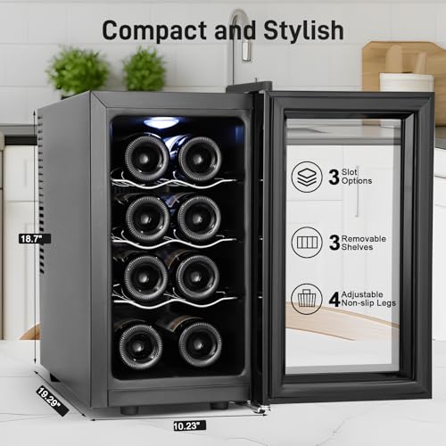 Image of Tylza 8 Bottles Wine Fridge, Wine Cellar with Low-E Tempered Glass Door, LED Touchscreen, Lock, Frost Free, No Vibration, Wine Cooler Refrigerator for Red, White, Champagne or Sparkling Wine, Black