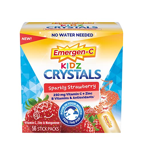 Emergen-C Kidz Crystals, On-the-Go Emergen-C Immune Support Supplement with Vitamin C, B Vitamins, Zinc and Manganese, Sparkly Strawberry, Stocking Stuffer – 56 Stick Packs
