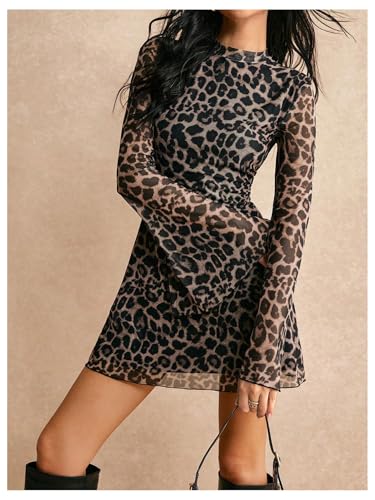 Image of BEAUDRM Women's Y2k Leopard Print Sheer Mesh Mini Dress Bell Long Sleeve Short Dresses