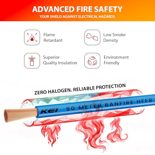 Image of KEI BANFIRE- HFFR 1 sqmm 1 Core 99.97% Pure Copper Conductor Heat Resistant Flame Retardant Low Smoke & Halogen - Lead Less House Wire for Domestic & Industrial Electrical Wiring (Blue,90 Meters)