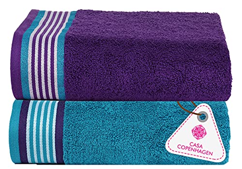 Image of Casa Copenhagen Germany Design - He & She Super Soft Collection 2 Pieces 100% Cotton Large Bath Towel (Size : 70 x 140 cm)- Teal Green & Violet Indigo