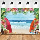 HQM 7x5FT Fabric Summer Tropical Beach Photo Background Beach Conch Hawaii Blue Sea Flower Children Birthday Luau Party Photography Backdrop Kids Baby Shower Cake Table Decor Supplies