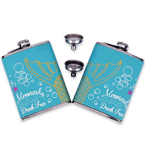 OBALY 2pcs Flasks Set, 8 oz Mermaid Group Picture Couple Flask Food Grade
