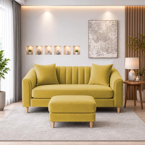 Image of Doraldo 2 Seater Sofa Set with Ottoman for Living Room (Yellow) Premium Fabric Sofa