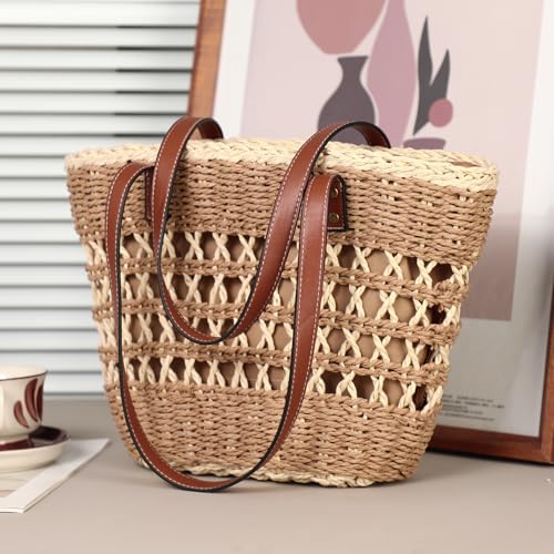 Image of Tavaleu Straw Beach Bags for Women, Tote Handbag Shoulder Bag for Women, Beach Straw Purse Buckets Summer Fashion Hobo Bags