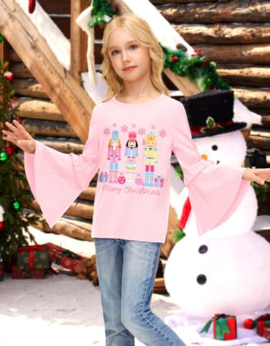 Image of BesserBay Girls Christmas Long Bell Sleeve Ruffle Tunic Top 4-12 Years