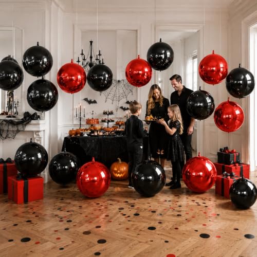Image of 9 Pcs Black Red Round Foil Balloons Halloween Balloon | 22 In Black Metallic Dark Deep Red 4D Ball Balloon for Vampire Scary Killer Night Grad Birthday Anniversary Party Decor