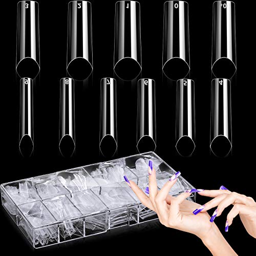 550 Pieces Extra Long C Curve Half Cover False Nail Fake Nail Tips Press on Nails Extra Long Straight Square Nail Tips Artificial Nails with Box for Nail Salons and DIY Nail Art, 11 Sizes (Clear)