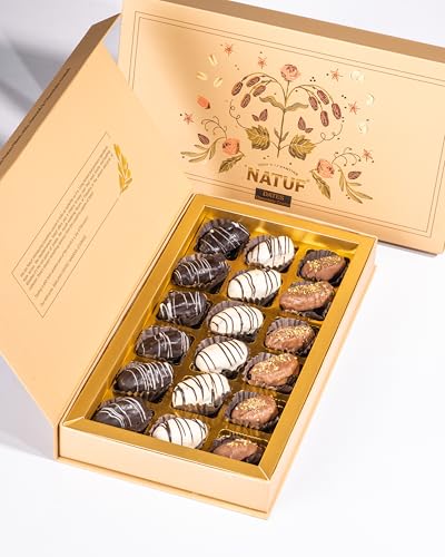 Image of NATUF Dates Chocolate Gift Box - White & Dark Chocolate Coated Dates | Luxurious Middle Eastern Treat | Premium Chocolate Dates Sweet Gift Box for Gifting & Snacking | 100% Plant-Based Healthy Snack | 18 Pcs (300g)