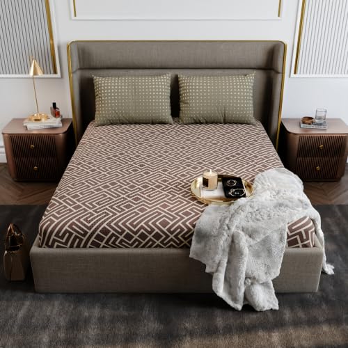 Image of Stoa Paris 100% Cotton King Size Fitted Bedsheet with 2 Pillow Covers, 180TC Printed Bedding Set, All-Season Comfort, Soft & Lightweight, Home Decor, Urbanscape - Mauve Labyrinth (182cmx198cm+30cm)