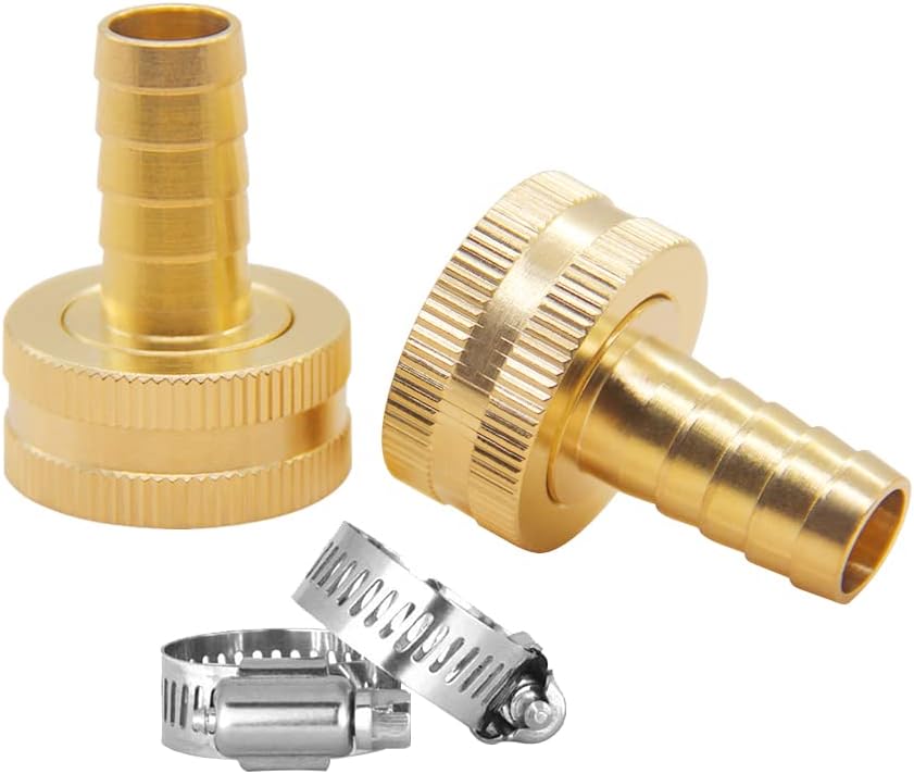 Hooshing 2PCS Garden Hose Connector 1/2" Barb x 3/4" Female GHT Thread Solid Brass Water Hose Repair Kit Female Hose End Mender with Stainless Clamp Fit for 1/2" Garden Hose