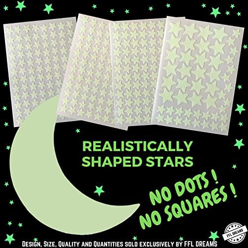 FFL DREAMS Glow in The Dark Stars and Moon, Realistic No Dots No Squares Set. 338 Star Shaped Stickers and Moon, Luminous Adhesives for Room, Wall, Bedroom, Light up Your Ceiling and Living Room